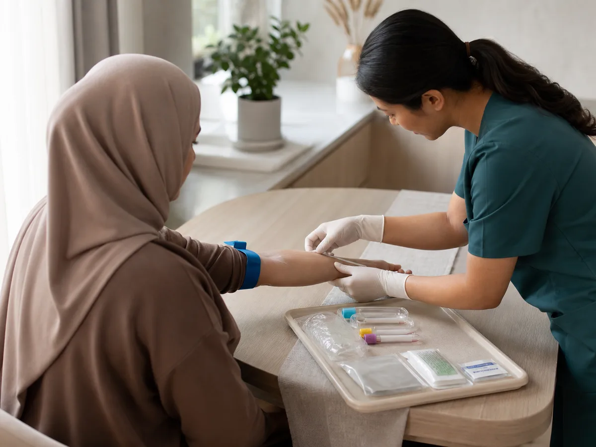 DHA-licensed phlebotomist drawing blood at a kitchen table in a Dubai home, morning light, sterile single-use kit visible on a tray