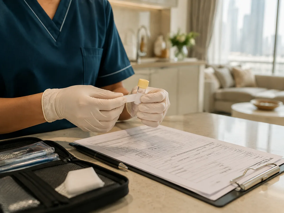 Gloved hands of a DHA-licensed nurse labeling a home lab sample tube beside a printed requisition form, Dubai apartment kitchen counter in the background