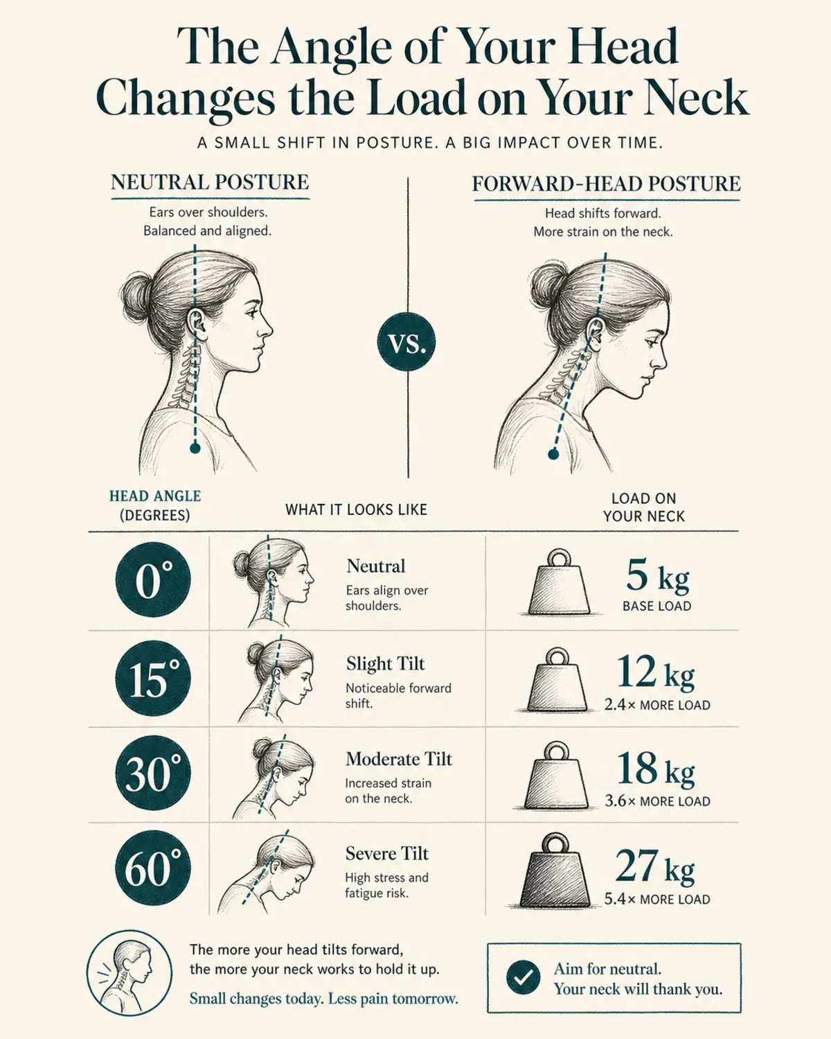 Side-by-side comparison of neutral head posture versus forward-head tech-neck posture, with labels showing the angle of the head and the rising load on the neck at zero, fifteen, thirty and sixty degrees. Charcoal hand-drawn linework, deep teal accent, bone-coloured background, legible labels