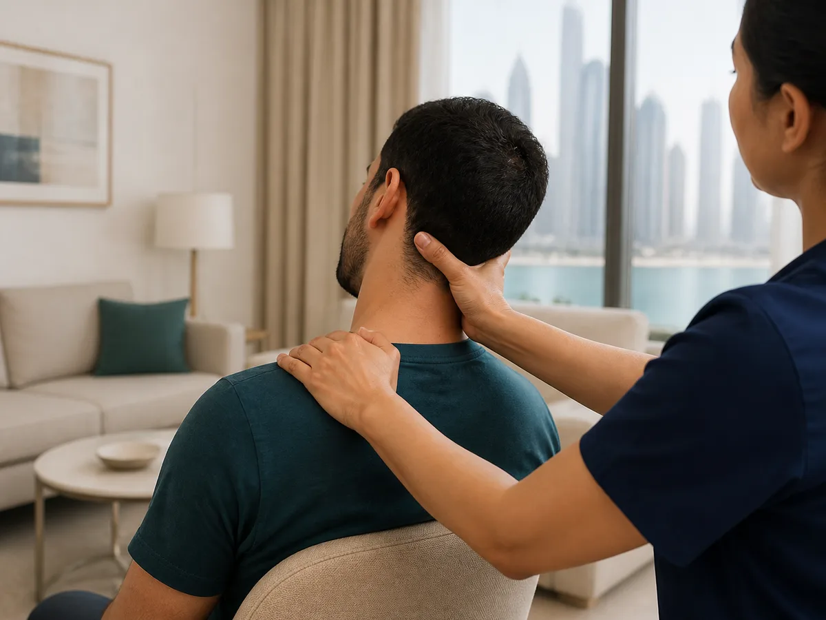 Physiotherapist's hands gently mobilising a seated man's neck and upper shoulder, the man relaxed in a chair in his Dubai living room, calm neutral lighting