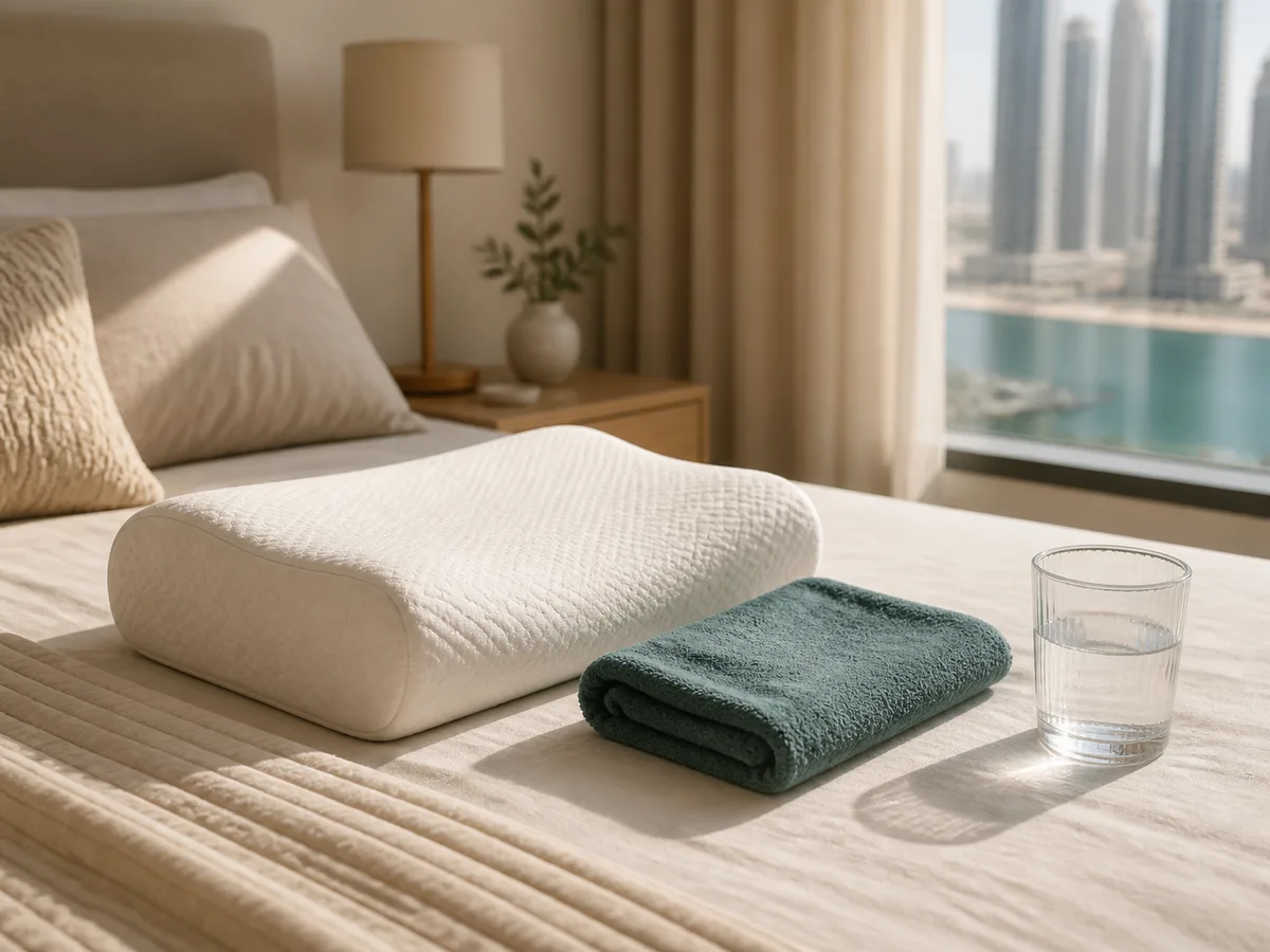 A supportive pillow and a warm compress folded neatly on a made bed beside a glass of water, soft natural daylight, calm uncluttered Dubai bedroom