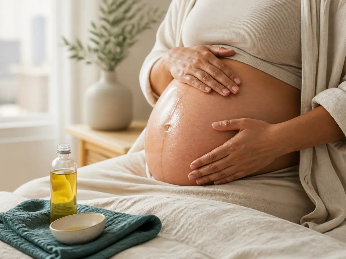 Hands gently massaging plain oil into a pregnant belly in soft morning light, daily skin-care routine, no faces visible