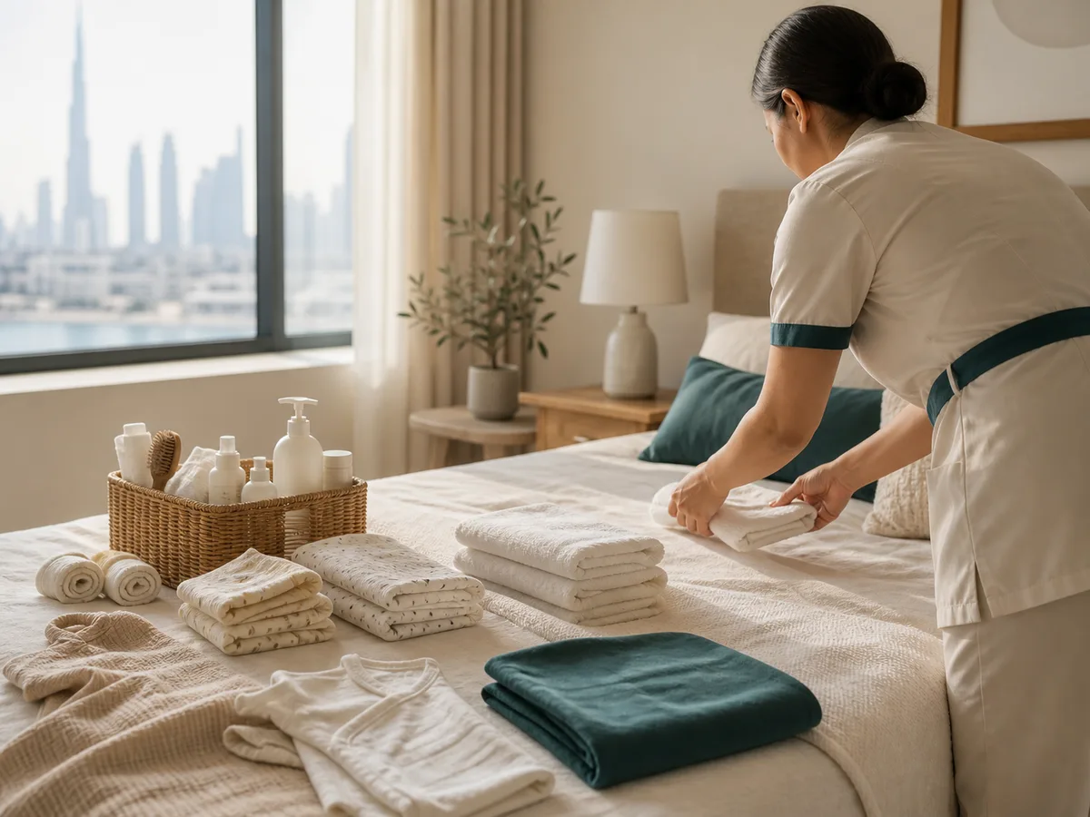 A maternity nurse arranging soft towels and baby essentials in a calm Dubai bedroom during a postnatal home visit, warm daylight