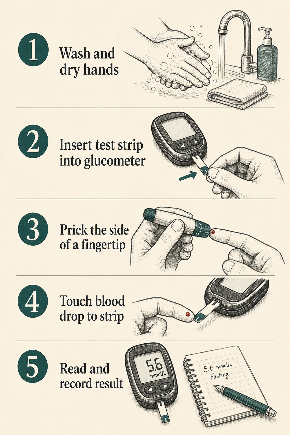 Five-step numbered flow: 1) Wash and dry hands, 2) Insert test strip into glucometer, 3) Prick the side of a fingertip, 4) Touch blood drop to strip, 5) Read and record result. Charcoal hand-drawn linework, deep-teal accents, bone background, legible numbered labels