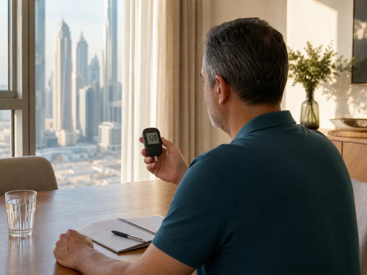 A middle-aged man checking a glucometer reading at his kitchen table in a Dubai apartment, notebook and pen beside him, morning light