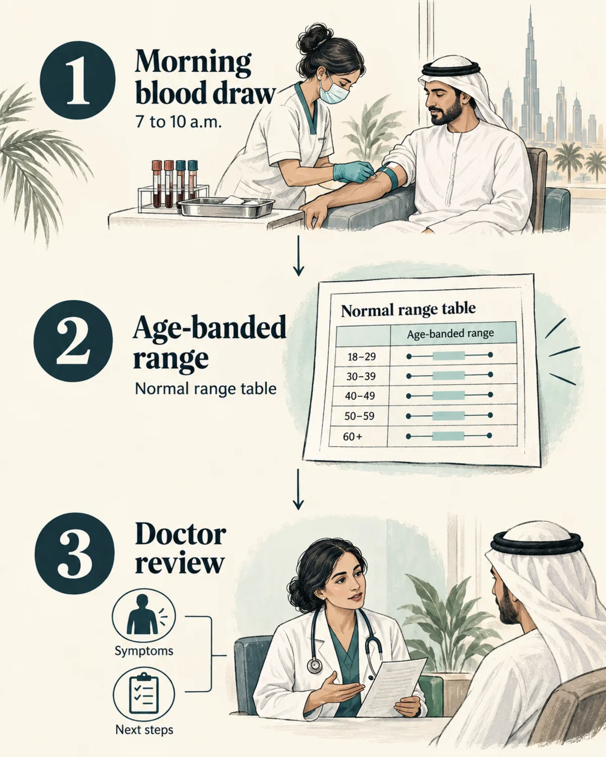 Three-step flow diagram: step one, morning blood draw between 7 and 10 a.m.; step two, result compared against an age-banded normal range table; step three, doctor reviews the number against symptoms and decides next steps. Charcoal hand-drawn linework, deep-teal accents, bone background, legible labels, numbered steps with thin connector arrows