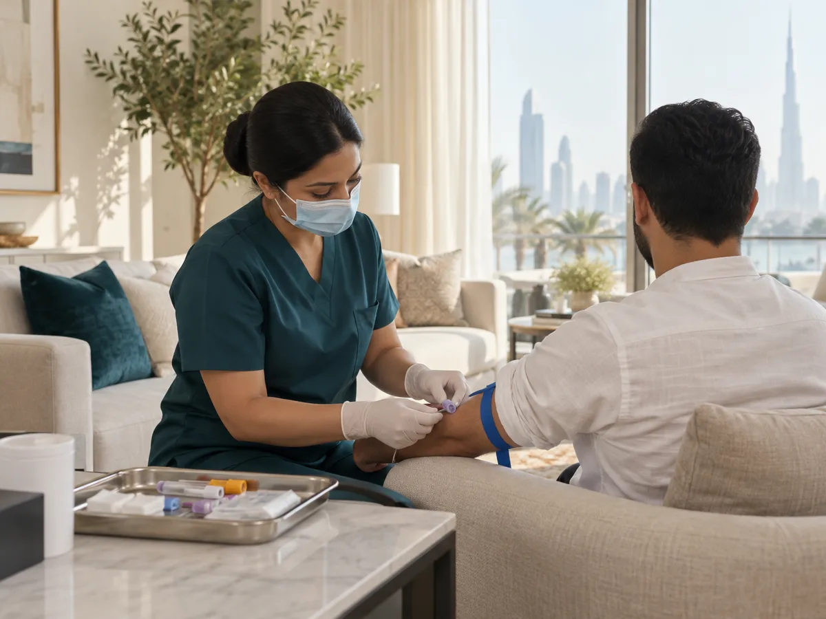 DHA-licensed nurse in scrubs drawing a blood sample from a seated man's arm in a bright Dubai living room, sterile single-use kit visible on a tray, morning light, calm expression