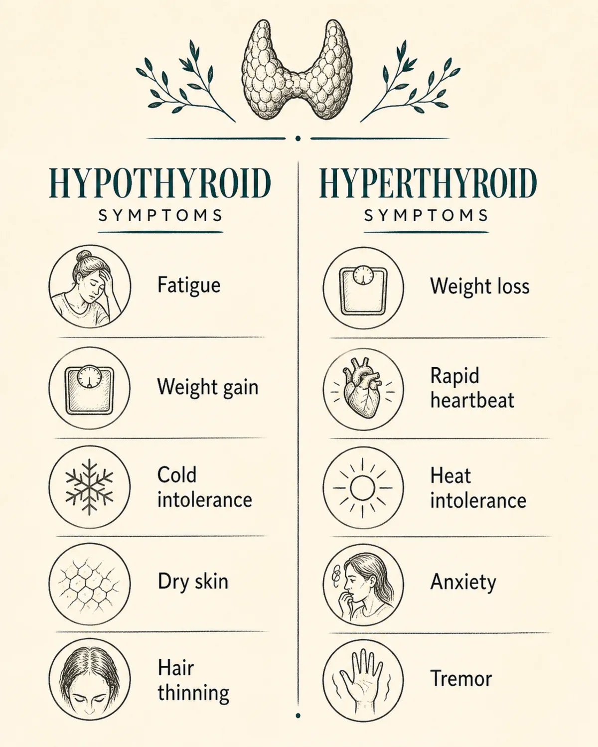 Two-column comparison graphic: hypothyroid symptoms (fatigue, weight gain, cold intolerance, dry skin, hair thinning) vs hyperthyroid symptoms (weight loss, rapid heartbeat, heat intolerance, anxiety, tremor), charcoal hand-drawn linework, deep teal accent, legible column headers