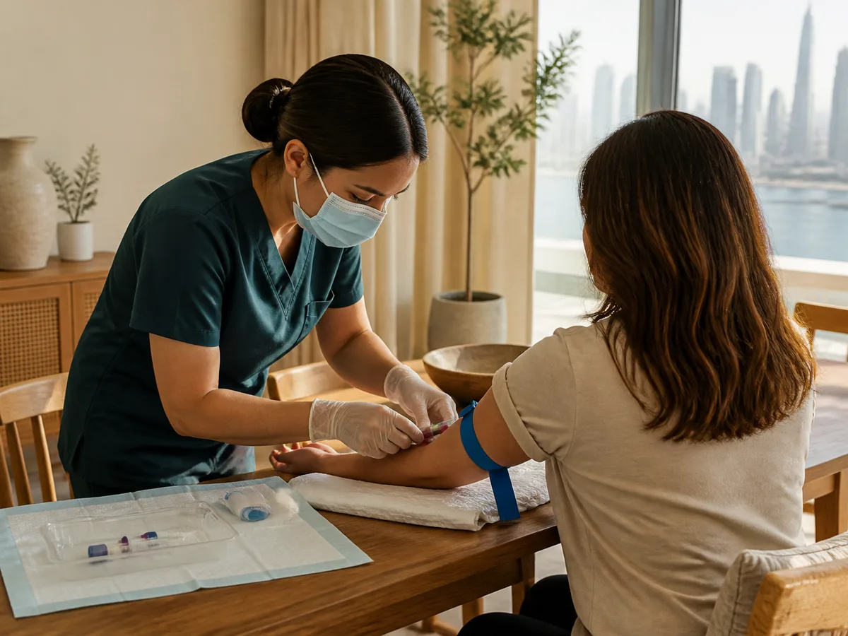 DHA-licensed nurse drawing blood from a seated patient's arm at a home dining table in Dubai, sterile single-use kit visible, soft daylight