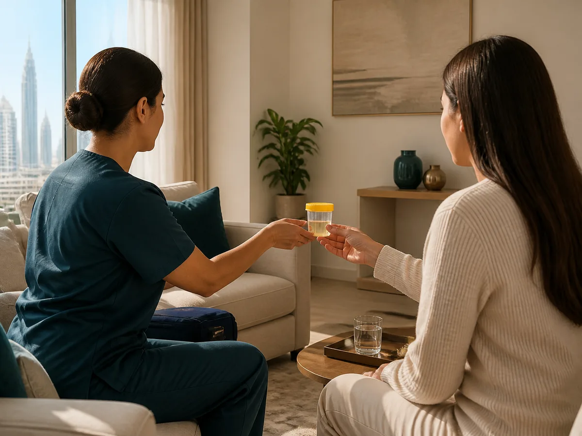 DHA-licensed nurse handing a labeled urine sample cup to a patient in a Dubai living room, morning light