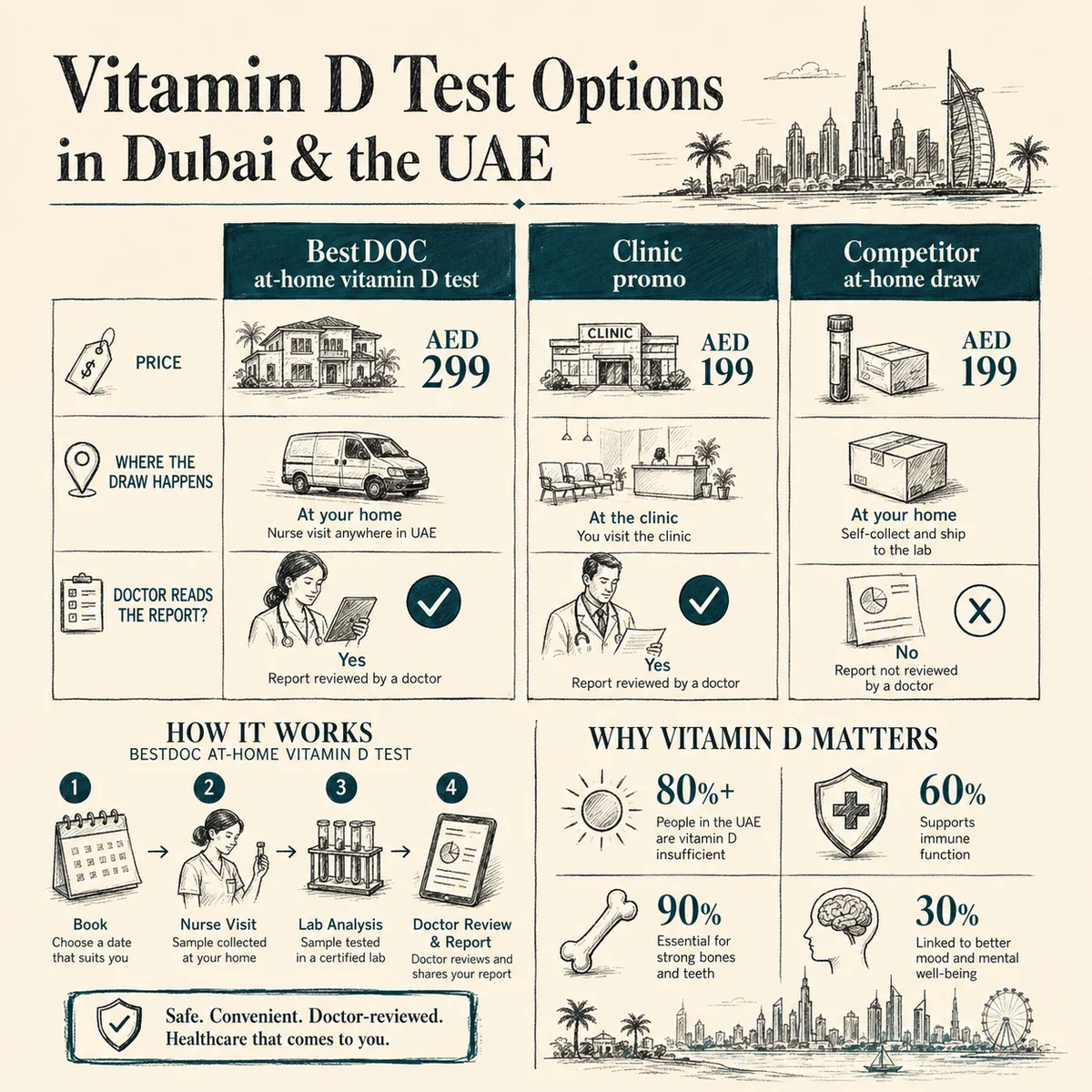Comparison columns: BestDOC at-home vitamin D test vs a clinic promo vs a competitor at-home draw, showing price, where the draw happens, and whether a doctor reads the report. Charcoal hand-drawn linework, deep teal accent, legible labels