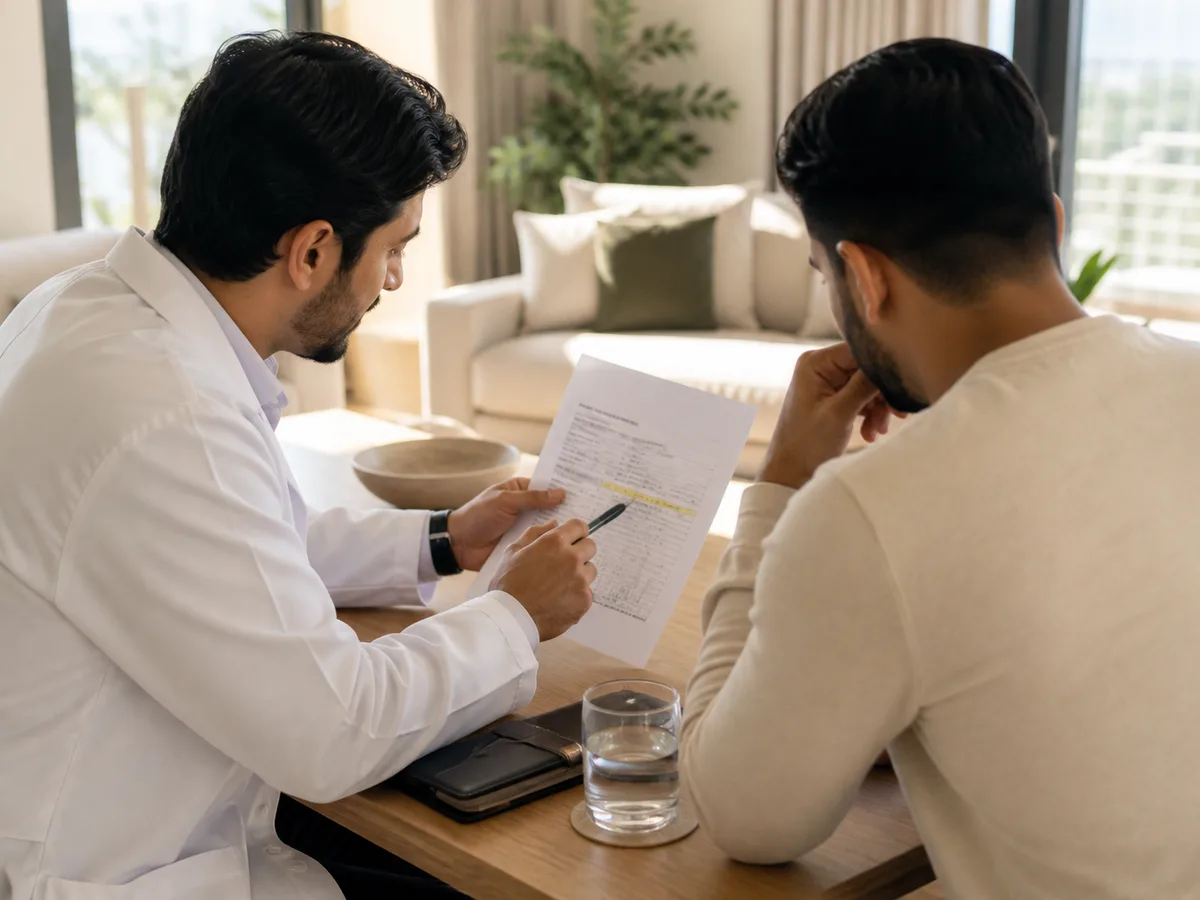 Doctor reviewing a printed lab report with a patient at a home consultation table, pointing to a highlighted result, warm daylight