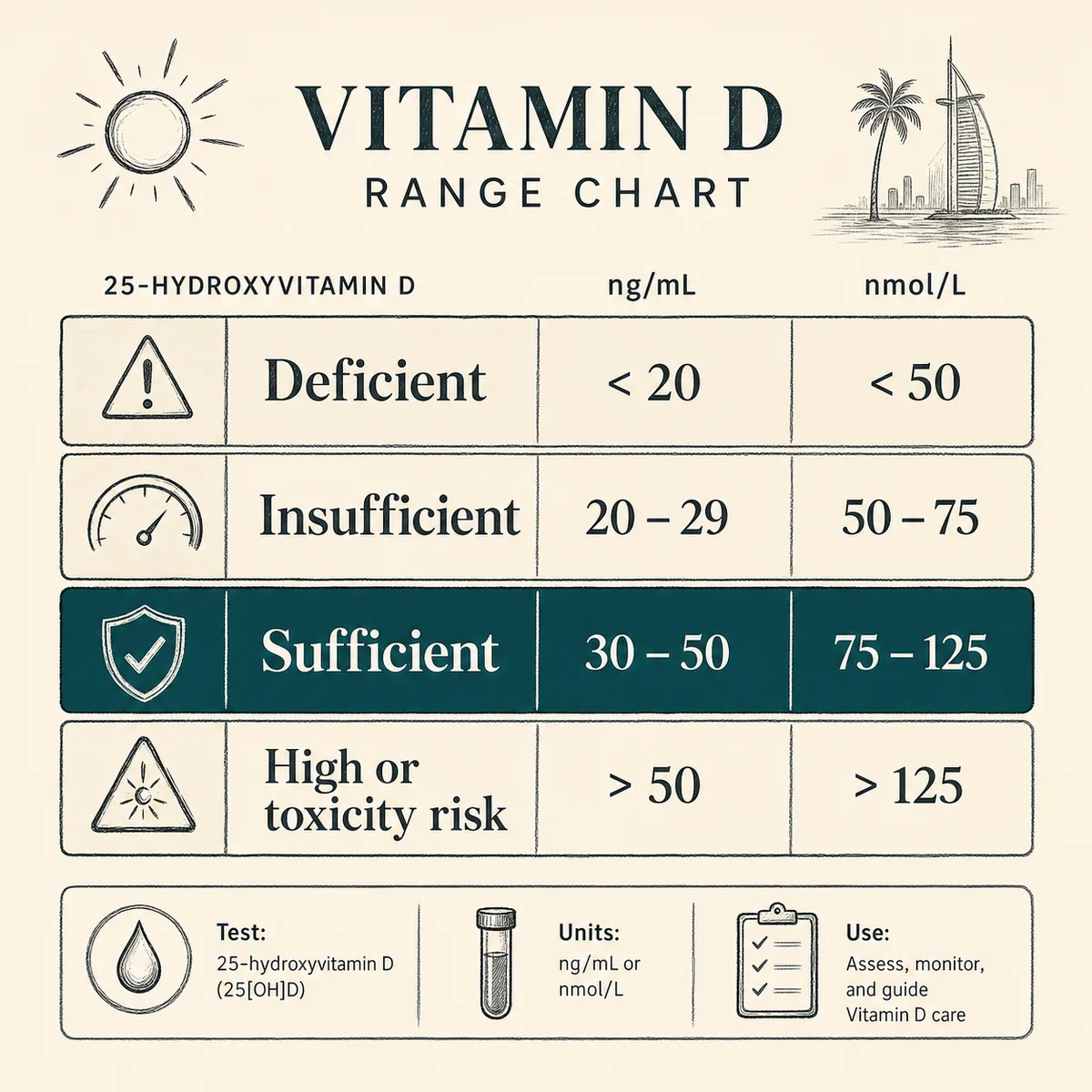 Vitamin D range chart: four horizontal bands labeled Deficient, Insufficient, Sufficient, and High or toxicity risk, each showing ng/mL and nmol/L thresholds, charcoal hand-drawn linework, deep teal accent on the Sufficient band