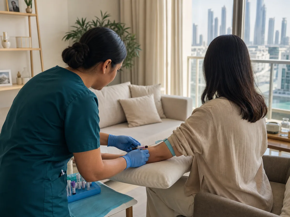 DHA-licensed nurse drawing a blood sample from a seated patient's arm in a Dubai home living room