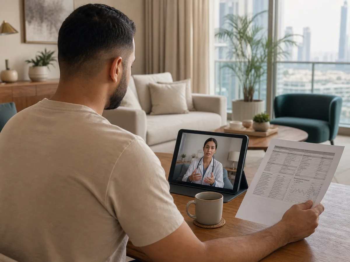 Man on a video call with a doctor on a tablet, a printed lab report visible on the table beside him
