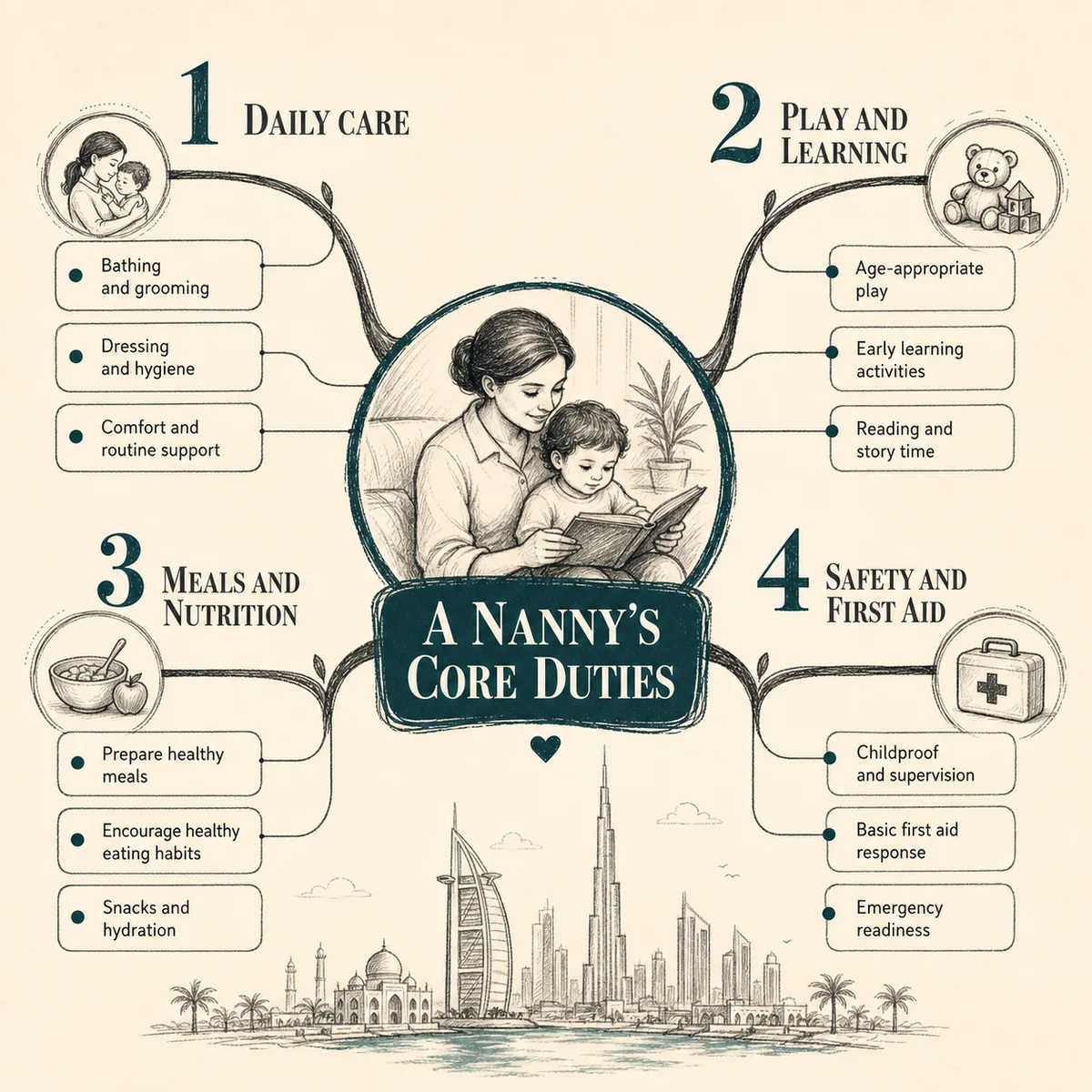 Four-branch infographic of a nanny's core duties: Daily care, Play and learning, Meals and nutrition, Safety and first aid, each branch carrying three short labels, hand-drawn charcoal linework with a deep teal accent on a bone background