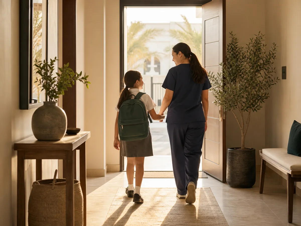 A nanny walking a school-age child to the door with a backpack in a Dubai villa hallway, both mid-conversation, warm late-afternoon light