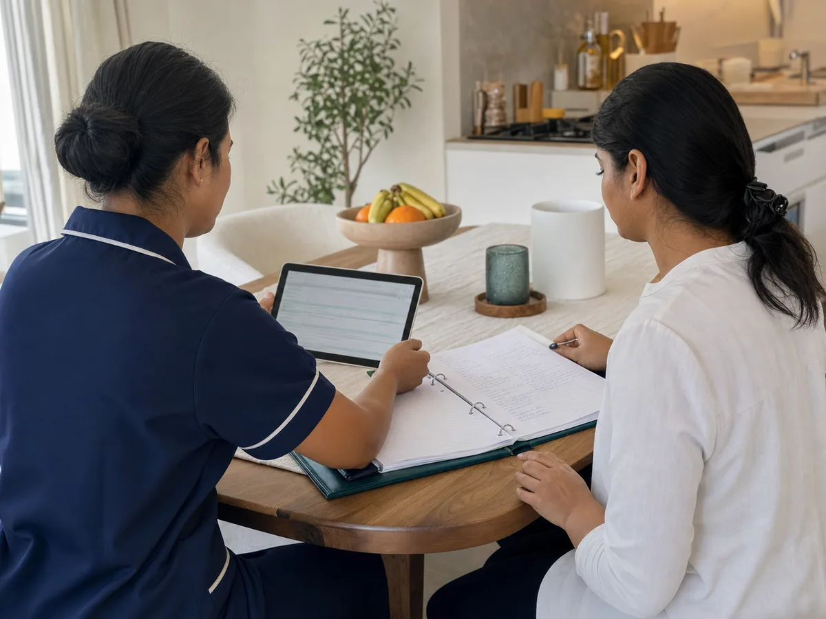 A nanny and a DHA-licensed nurse reviewing a child's care notes together at a kitchen table in a Dubai home, tablet and paper file between them, natural daylight