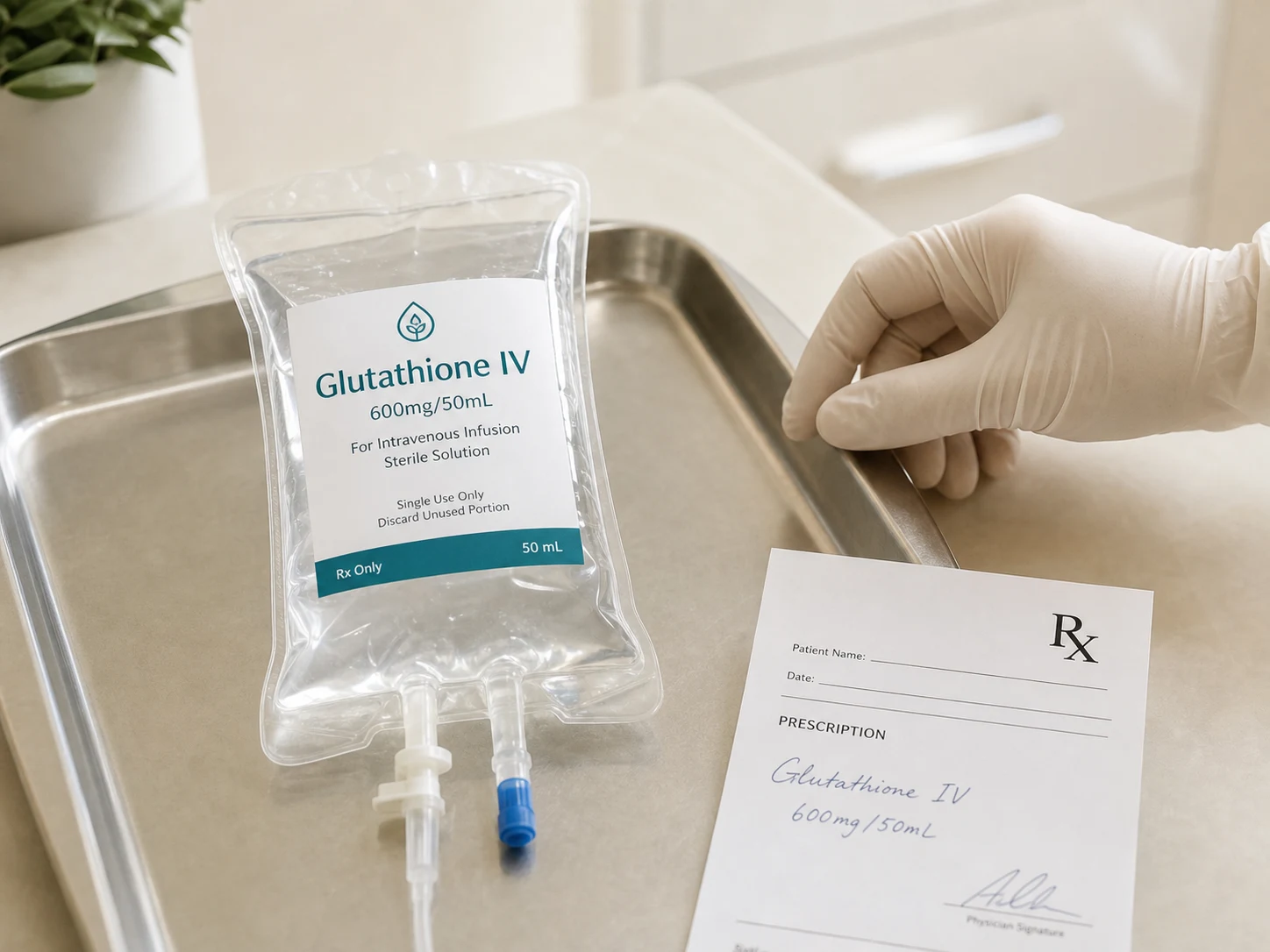 Labelled glutathione IV bag on a stainless tray with a prescription form and gloved clinician's hand
