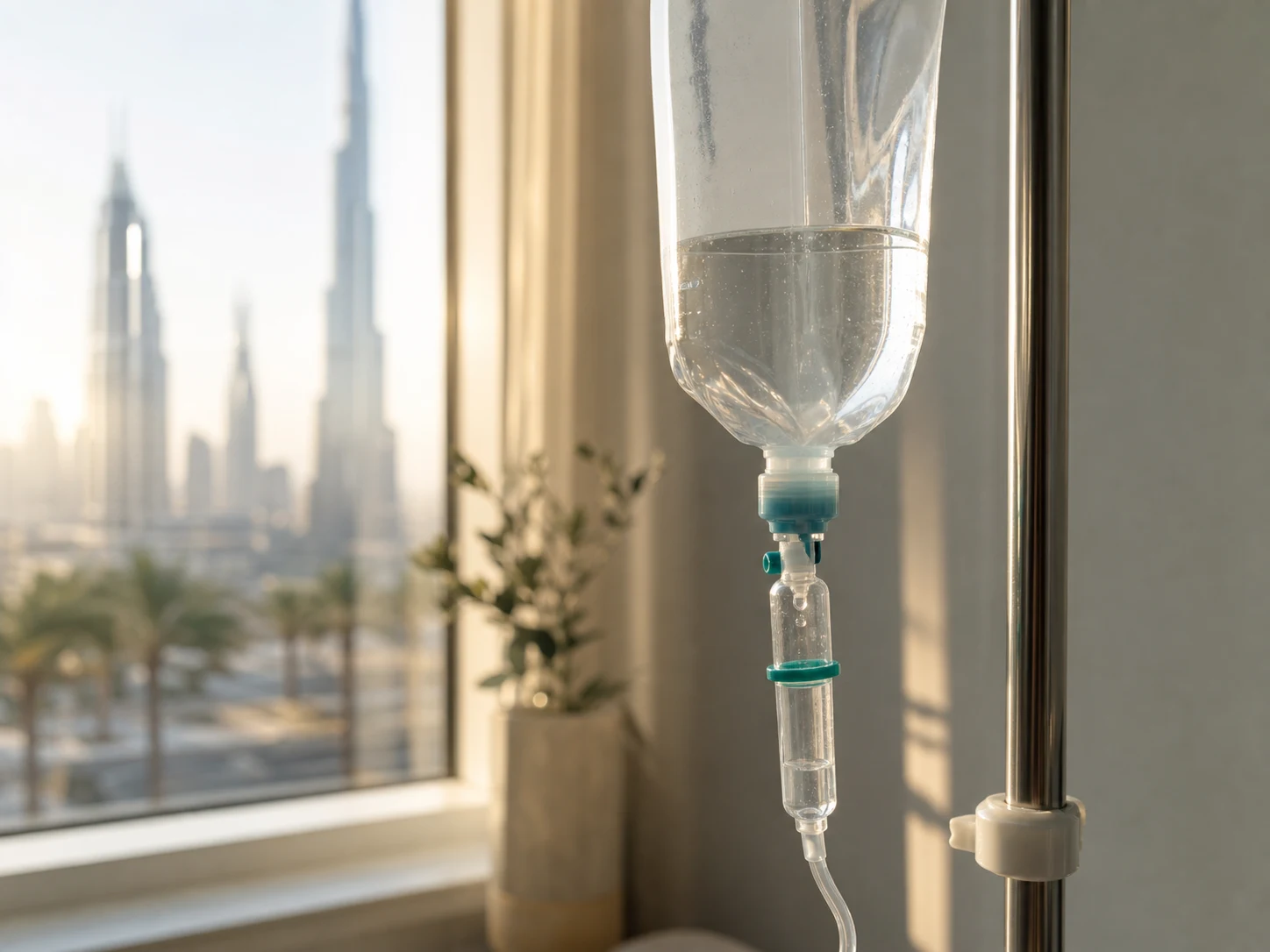 Close-up of an IV line and saline bag with morning light from a window in a Dubai apartment