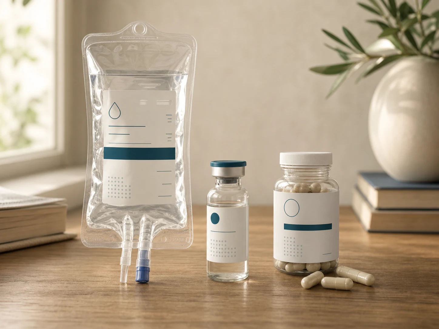 Side-by-side comparison of a glutathione IV bag, an IM injection vial, and a bottle of liposomal oral capsules on a wooden table