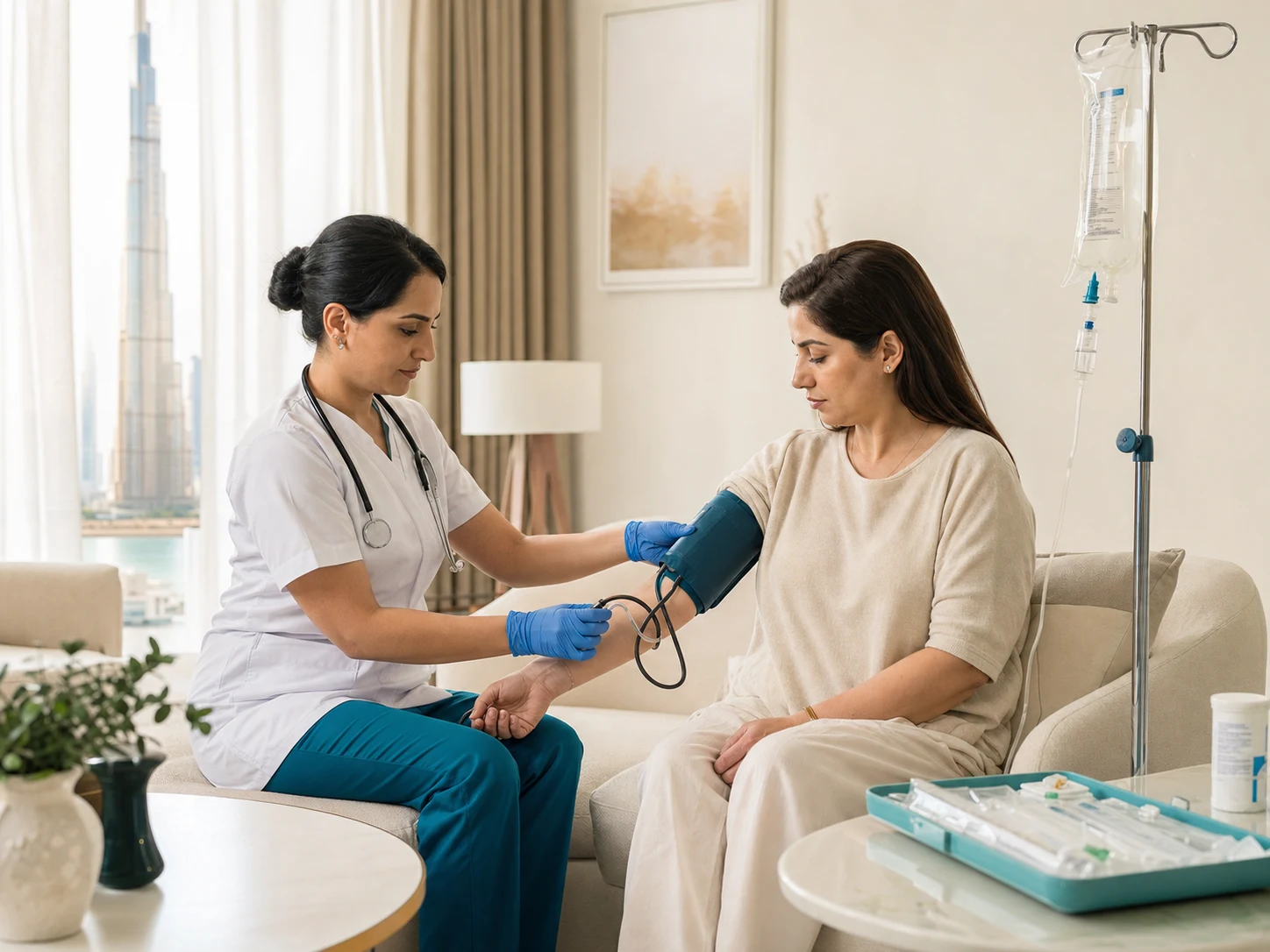 BestDOC nurse checking a patient's blood pressure before starting a home IV infusion in a Dubai living room