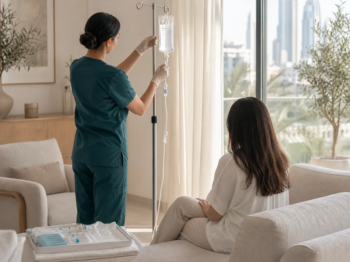 A DHA-licensed nurse in plain scrubs setting up a vitamin drip stand beside a seated client in a calm Dubai home living room, single-use kit on a clean tray, unhurried morning light