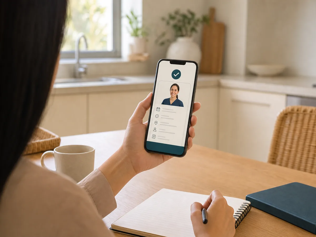 A coordinator's phone screen showing a confirmed home-visit booking with the assigned nurse's name and photo, held in a hand at a kitchen table