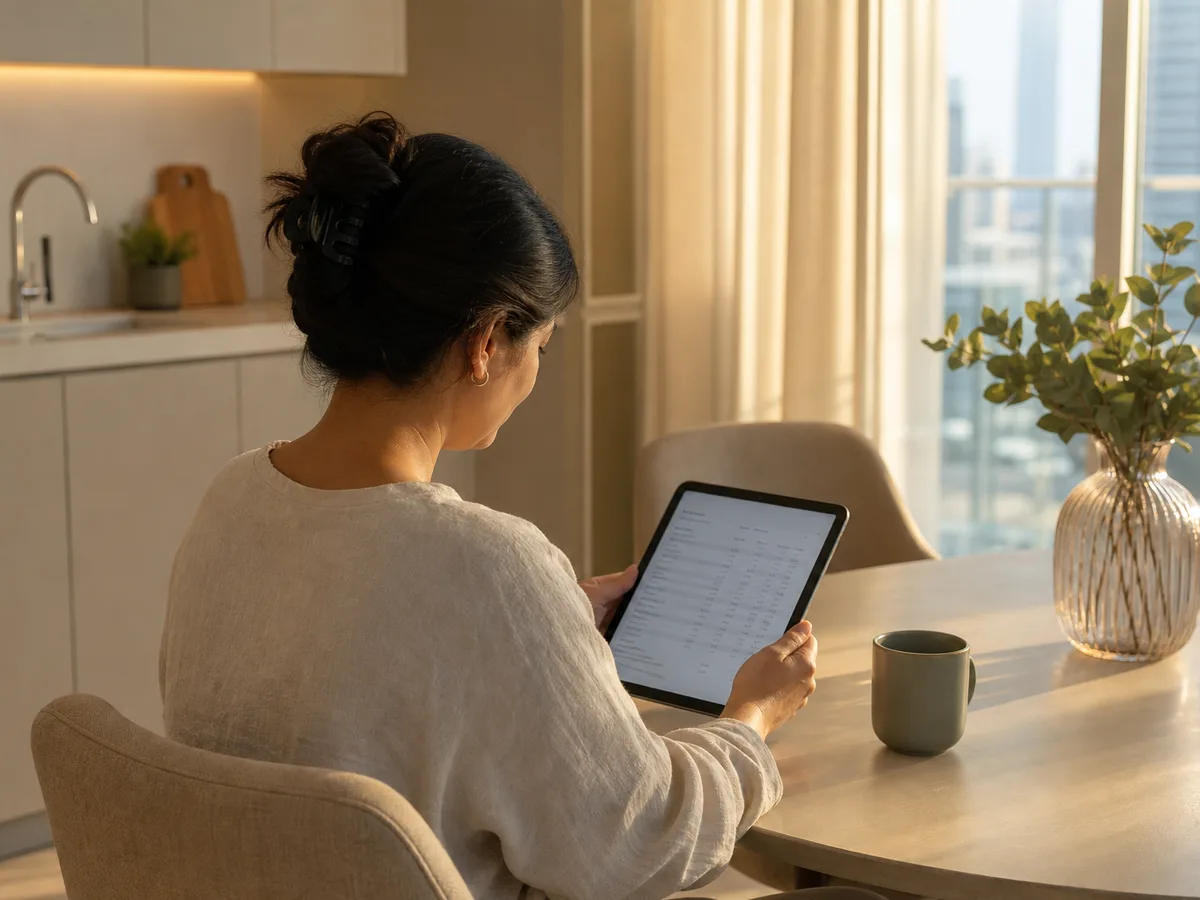 Woman in her 40s reviewing a lab report on a tablet at her kitchen table, warm afternoon light, Dubai apartment