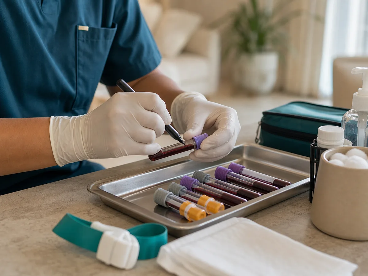Phlebotomist labeling blood sample tubes on a tray inside a Dubai home, close-up on hands, natural light