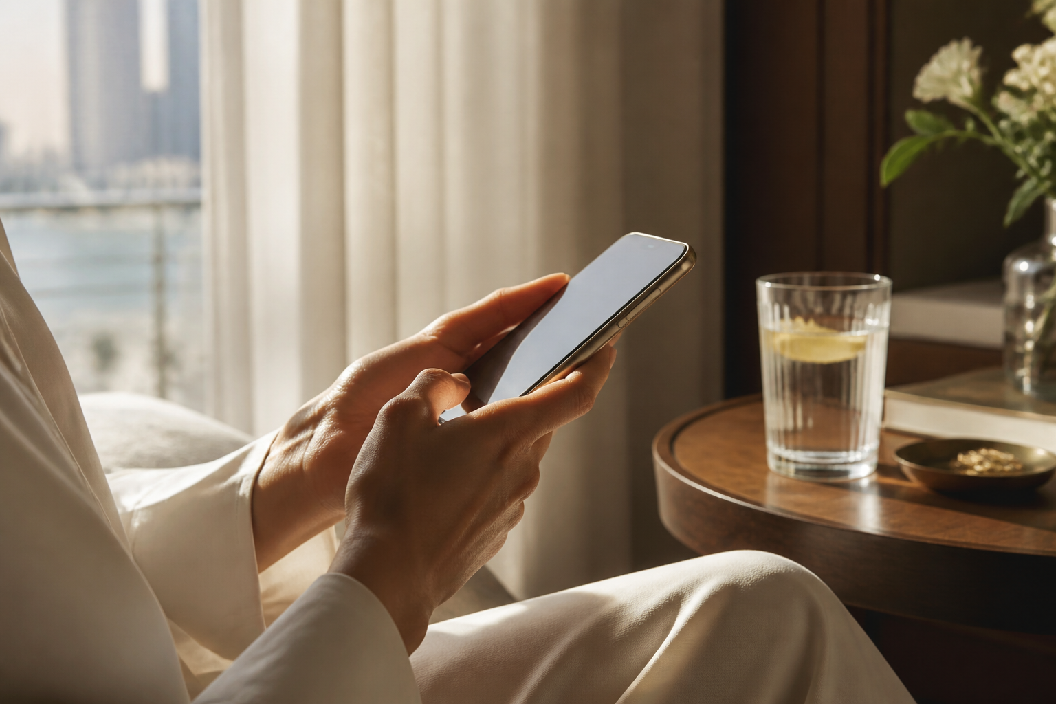 Messaging BestDOC on a phone in a sunlit apartment