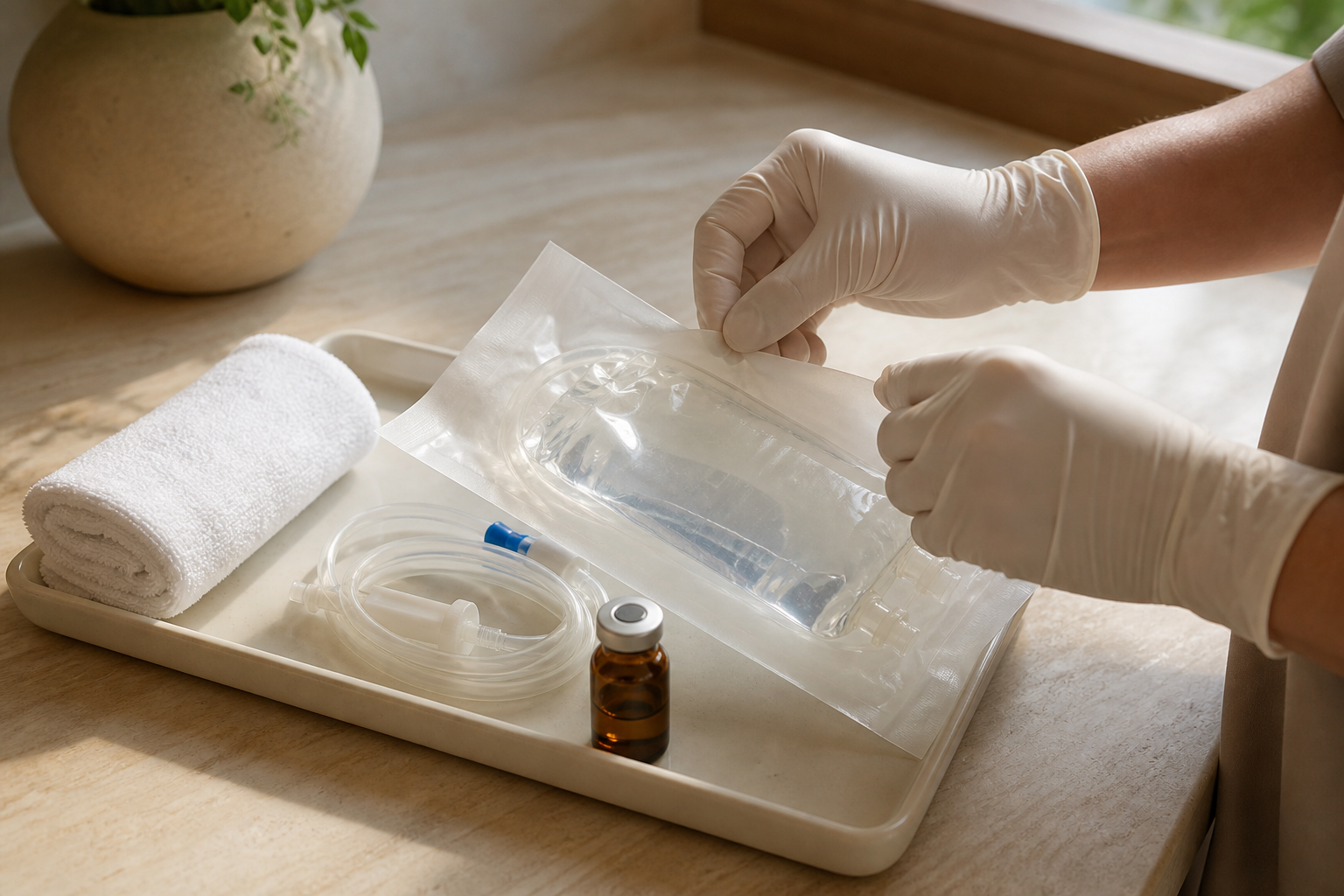 A nurse opening a sealed IV kit on a tray