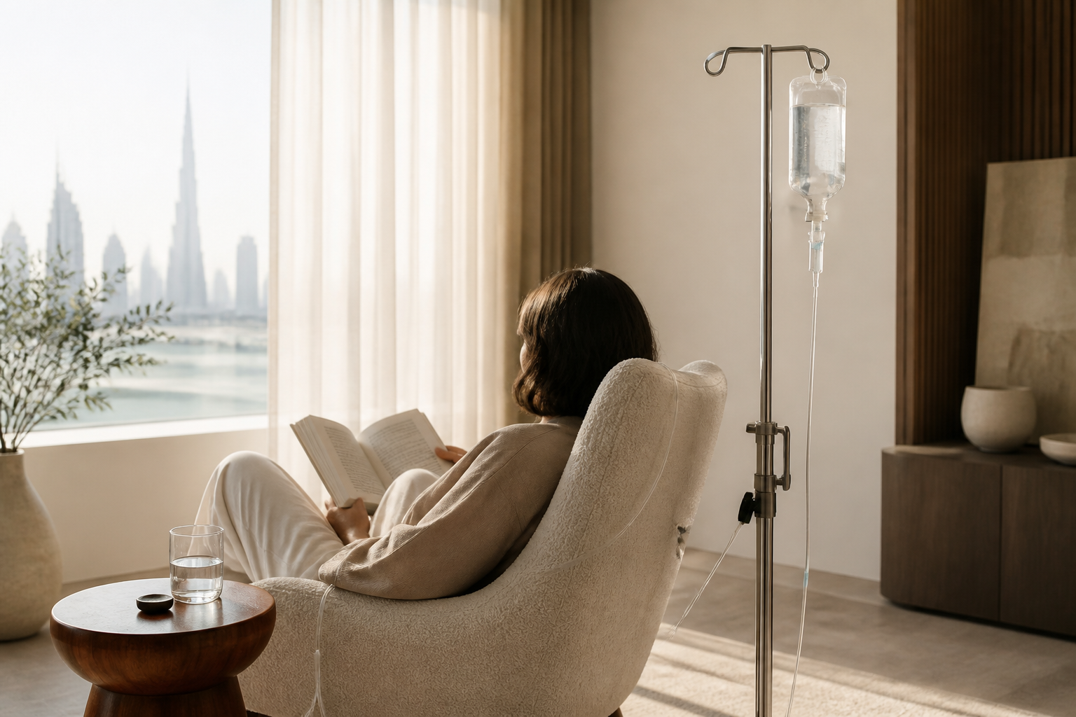 Resting in an armchair with a book while an IV drip runs