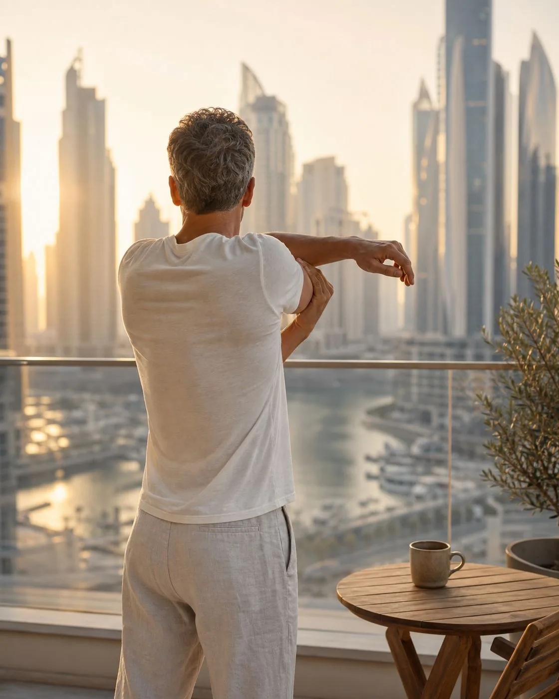 Client stretching on a balcony the next morning