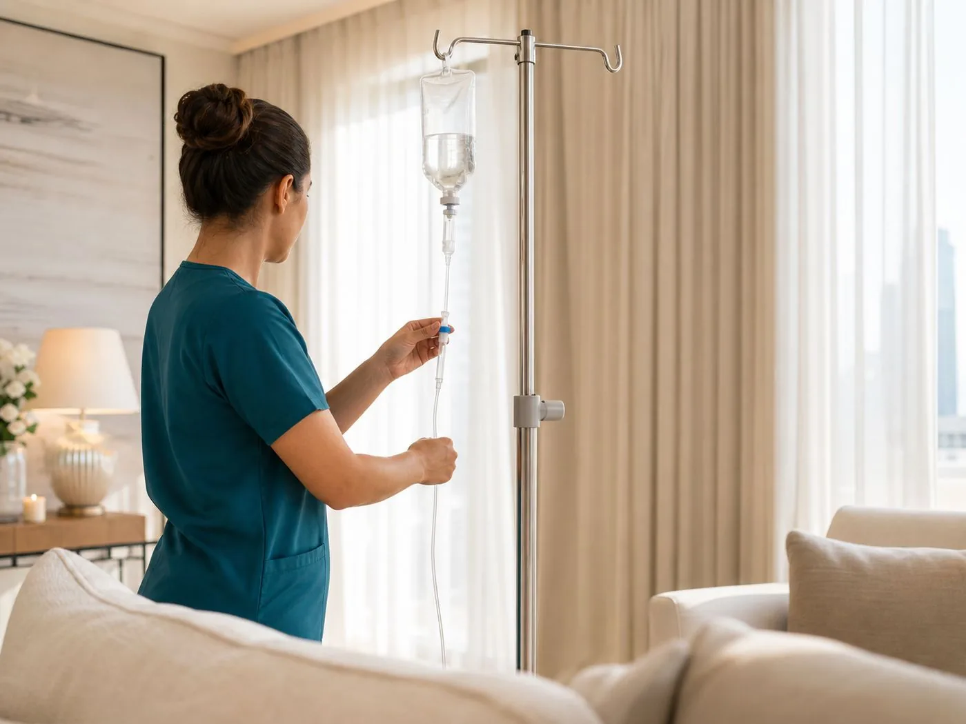 Nurse setting up the drip at home